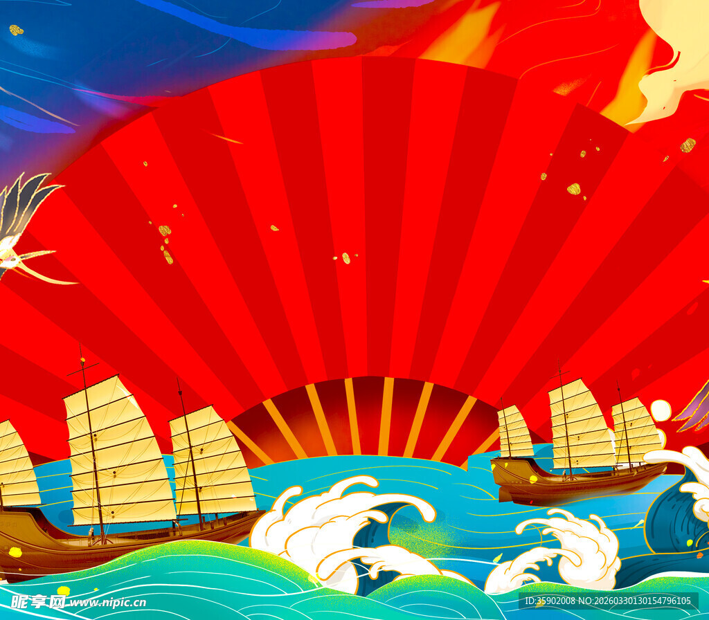 国风扇面下的破浪帆船景色