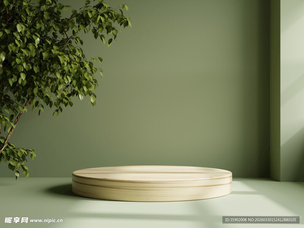 简约浅色圆台与绿植背景