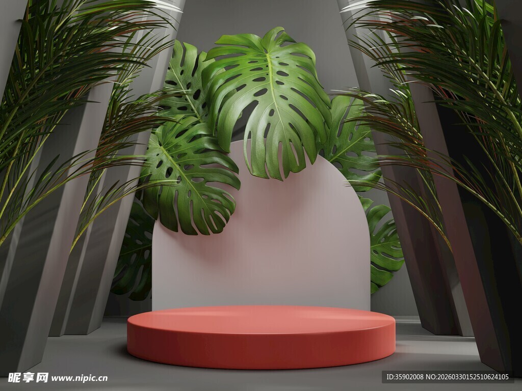 绿植环绕的红色展示台