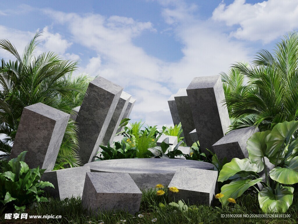 破碎石块与绿植的奇幻景象