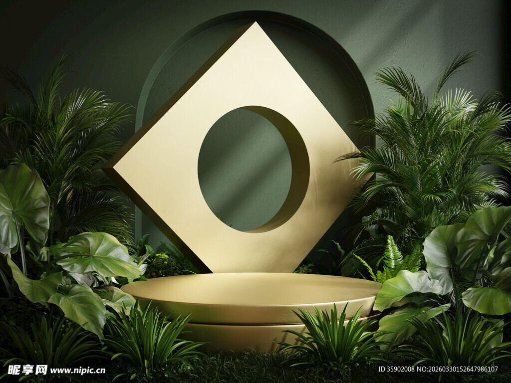 金色几何摆件与绿植组合