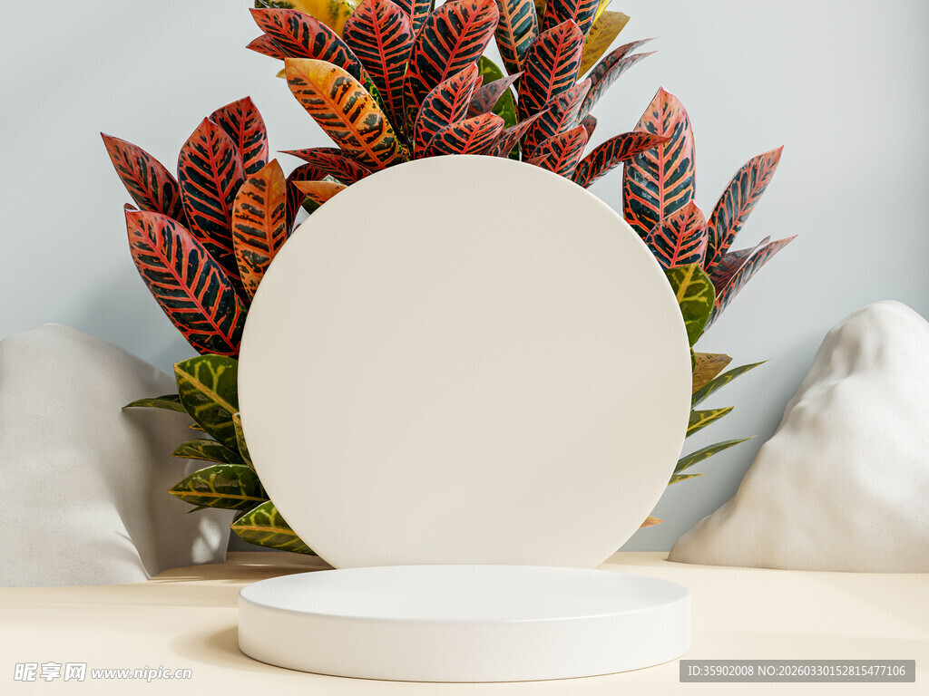圆形空白展示台与多彩植物