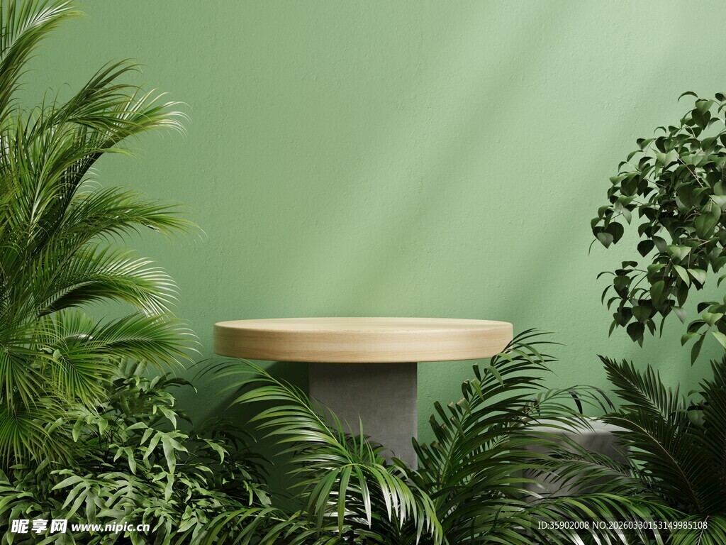 绿植环绕的简约圆形小桌