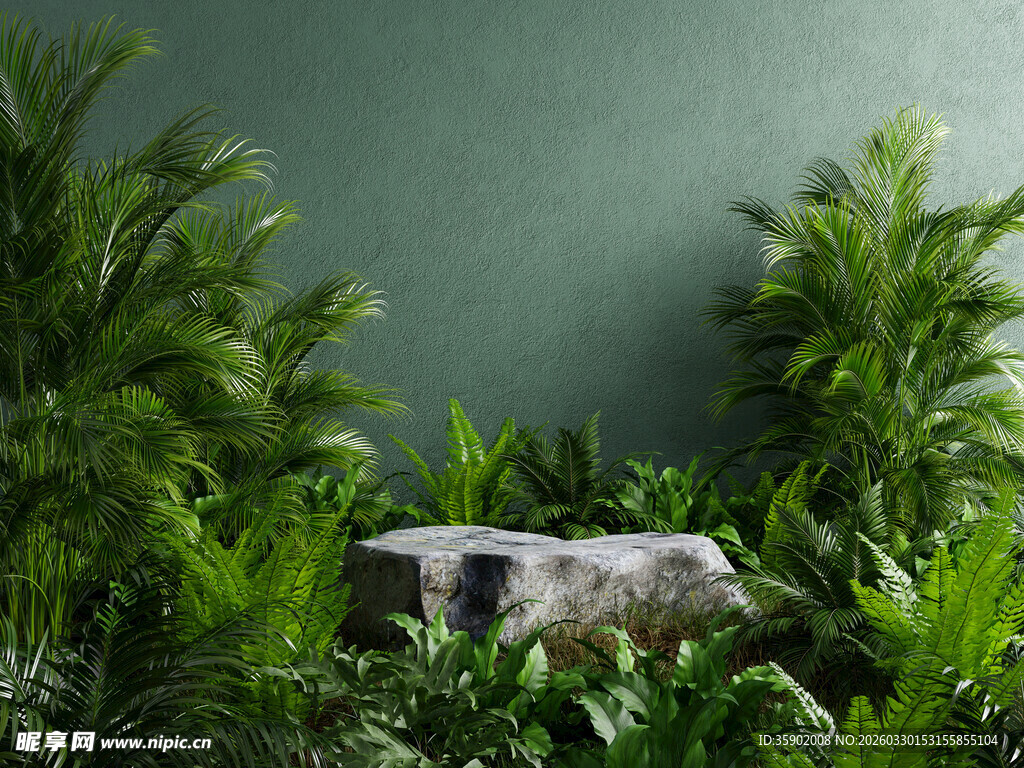 绿植环绕中的灰色石块