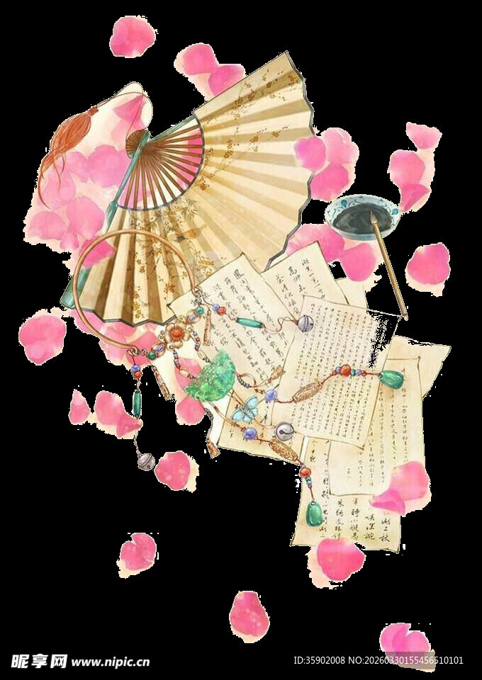 古风折扇与散落樱花