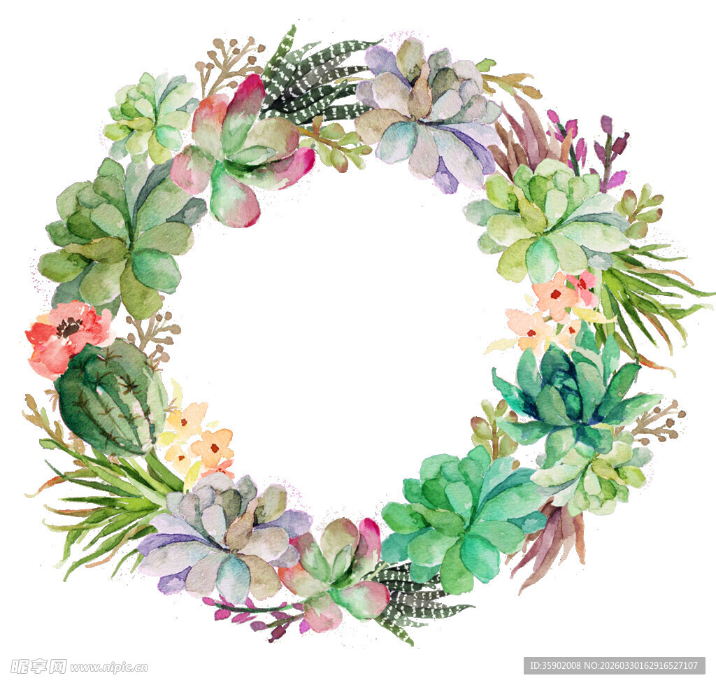 水彩多肉植物花环