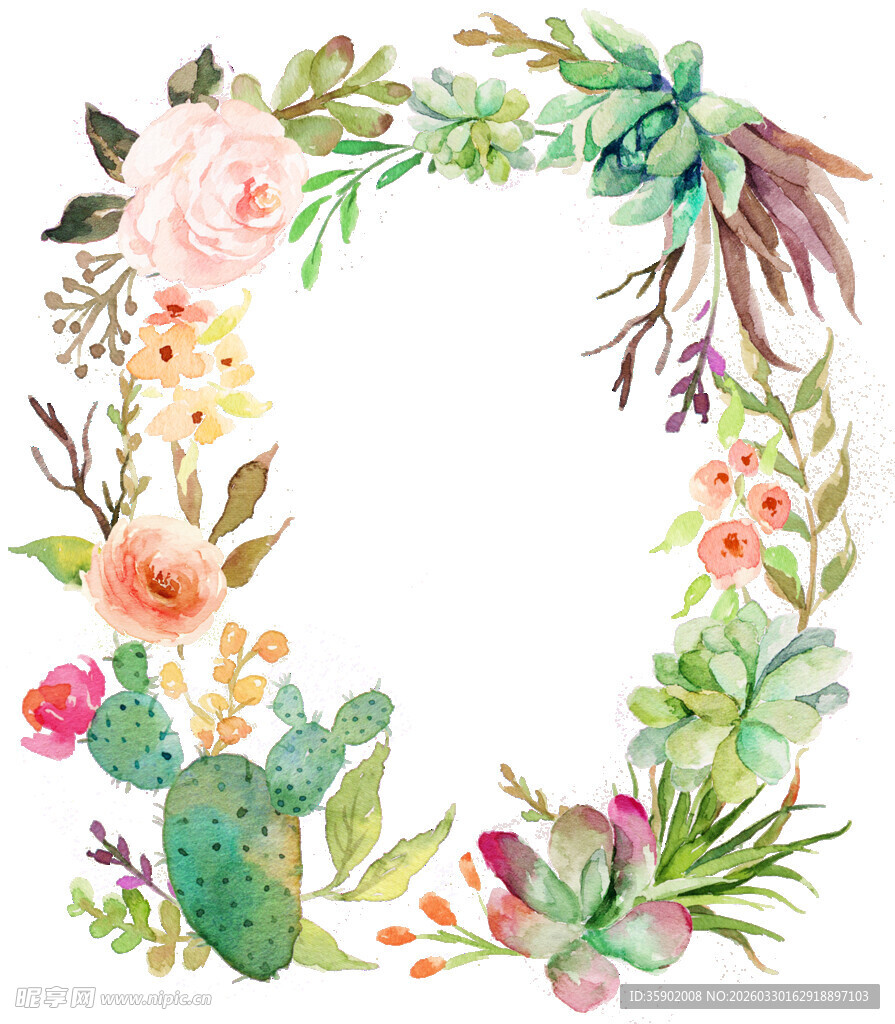 花卉多肉水彩边框图案
