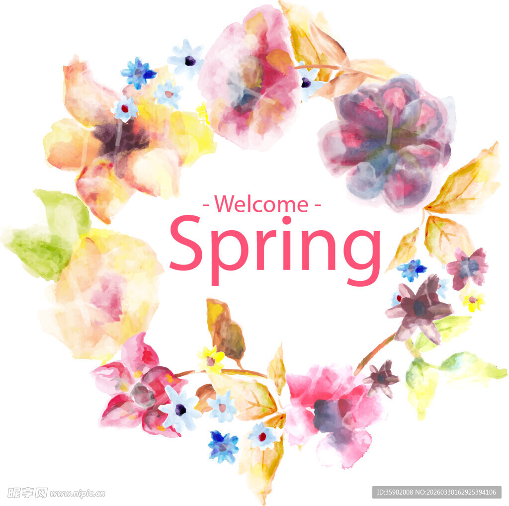 欢迎春天花朵水彩花环