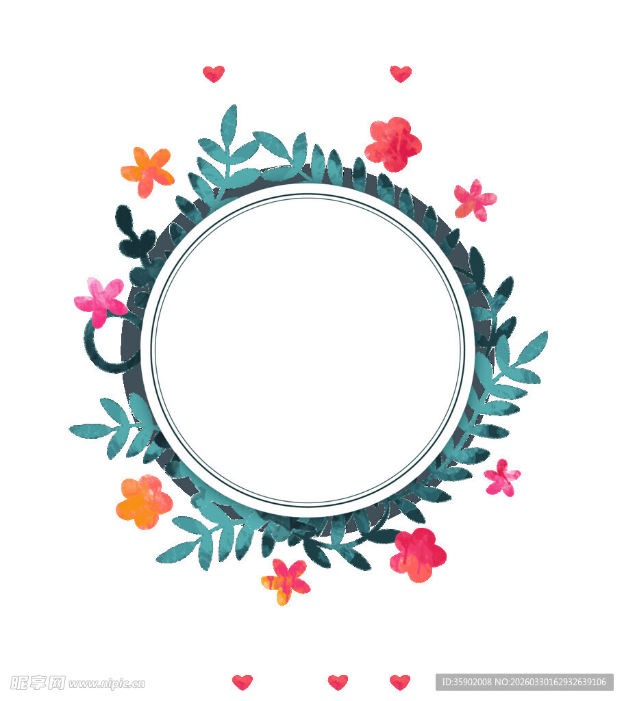 花卉爱心环绕的圆形边框
