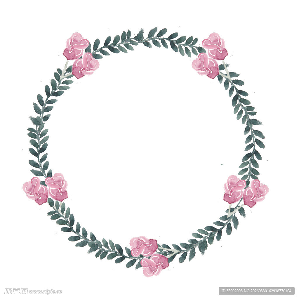 手绘粉色花朵绿叶花环