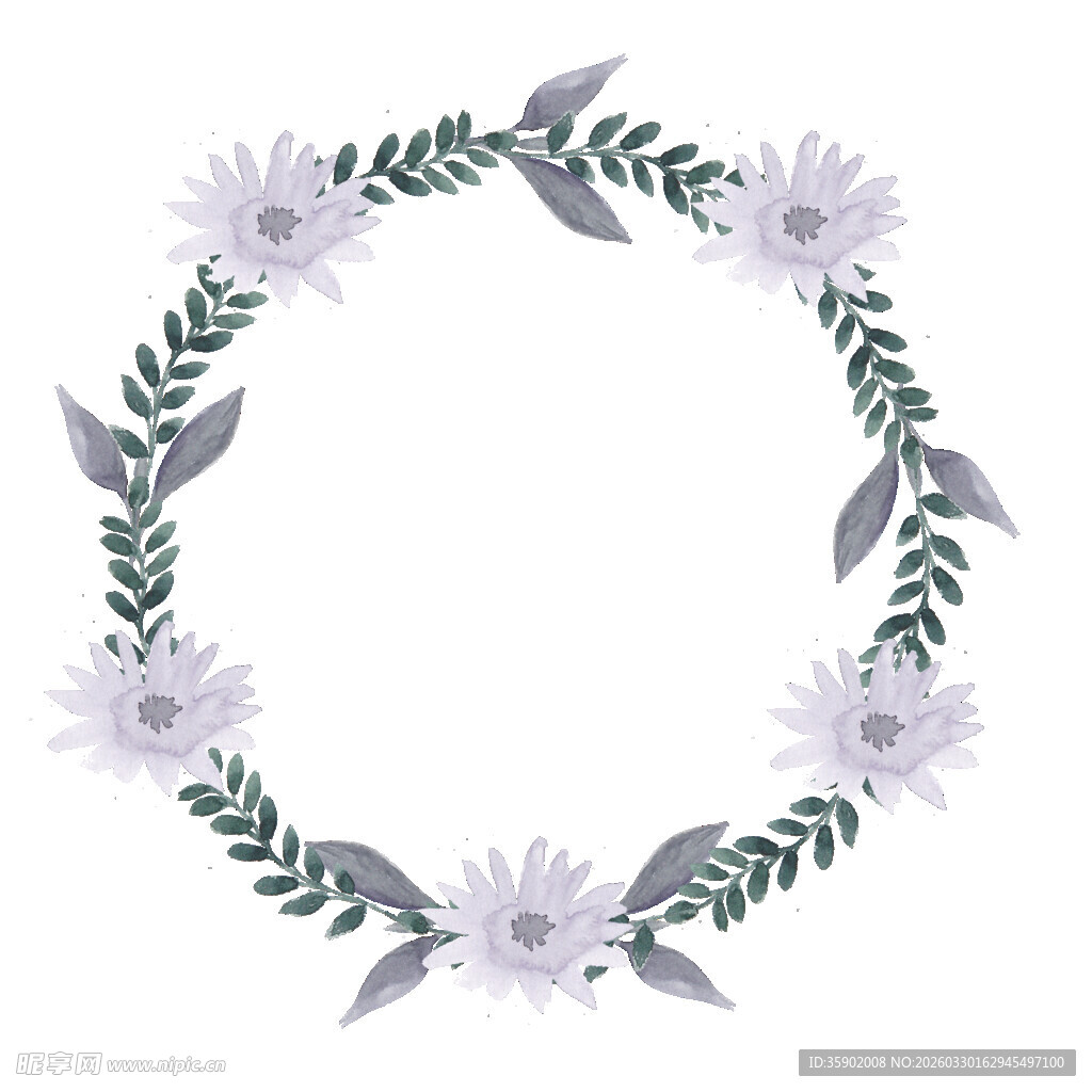 手绘紫色花朵花环图案