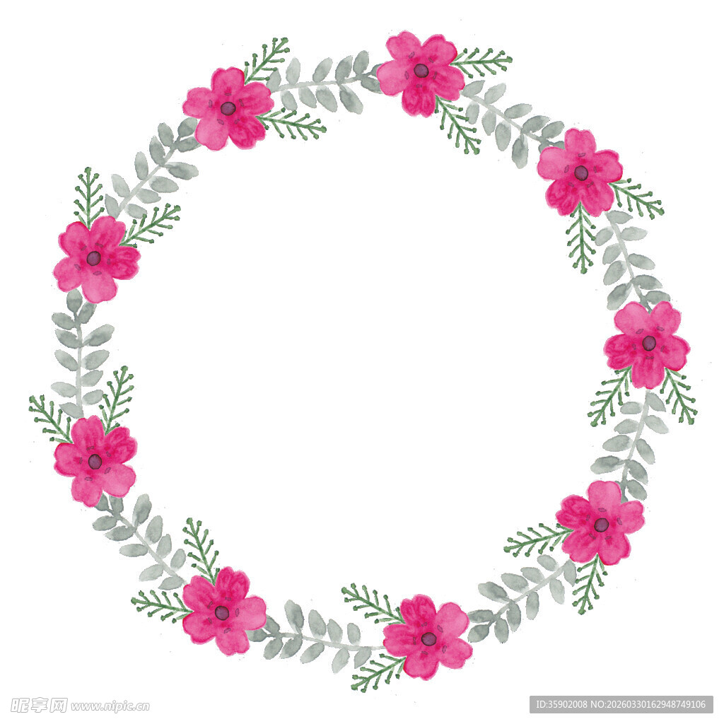 粉色花卉绿叶装饰花环