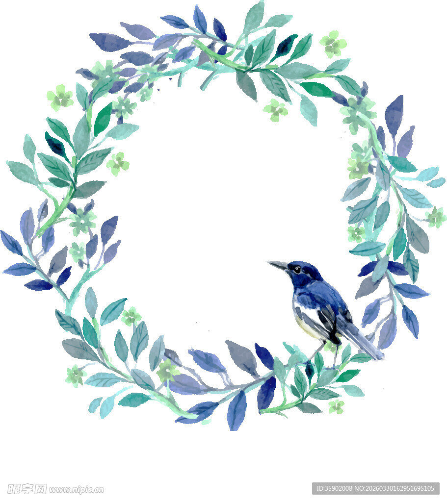 蓝鸟栖于水彩绿叶花环中