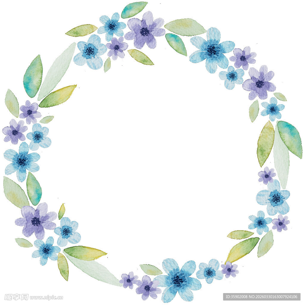 蓝紫花朵绿叶手绘花环