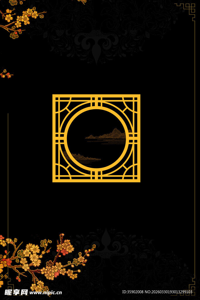 中式窗棂秋景中的古韵