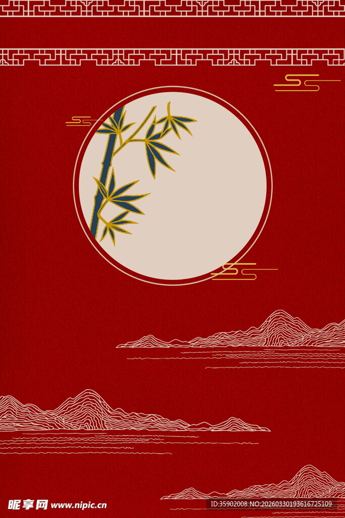 中式红底圆框翠竹山水图