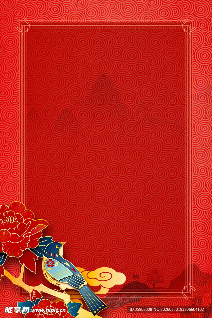 红色喜庆边框中的吉祥鸟