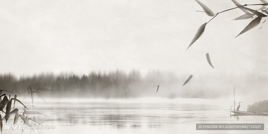 水墨湖畔竹影飞鸟之景