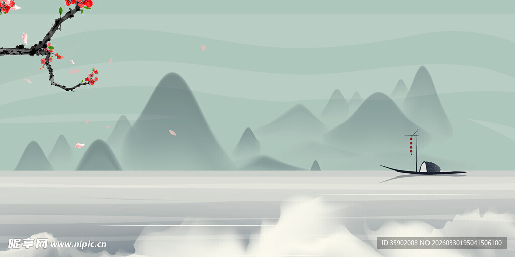 水墨山水间的孤舟意境