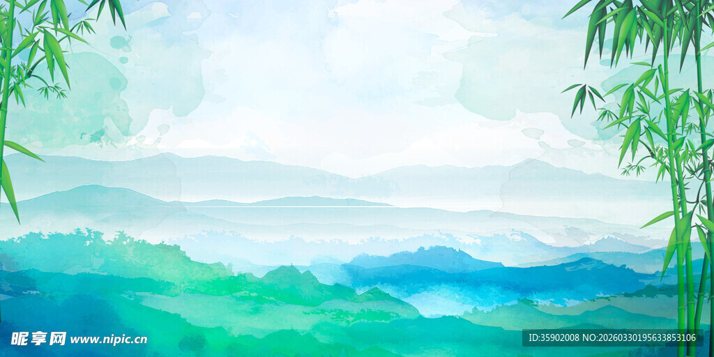 水墨风竹林山水风景图