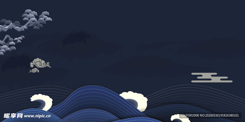 中式水墨风海浪飞鸟图景