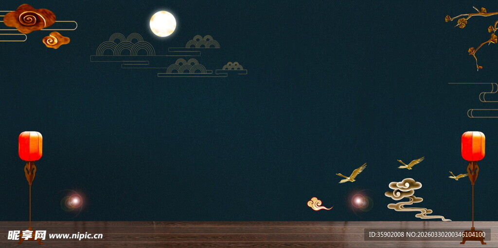 月夜中式场景灯笼与玉兔