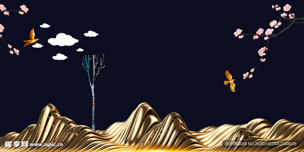 金色山峦间的梦幻飞鸟图景