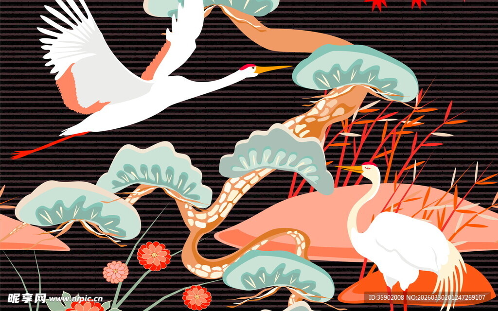 中式仙鹤山水插画意境美