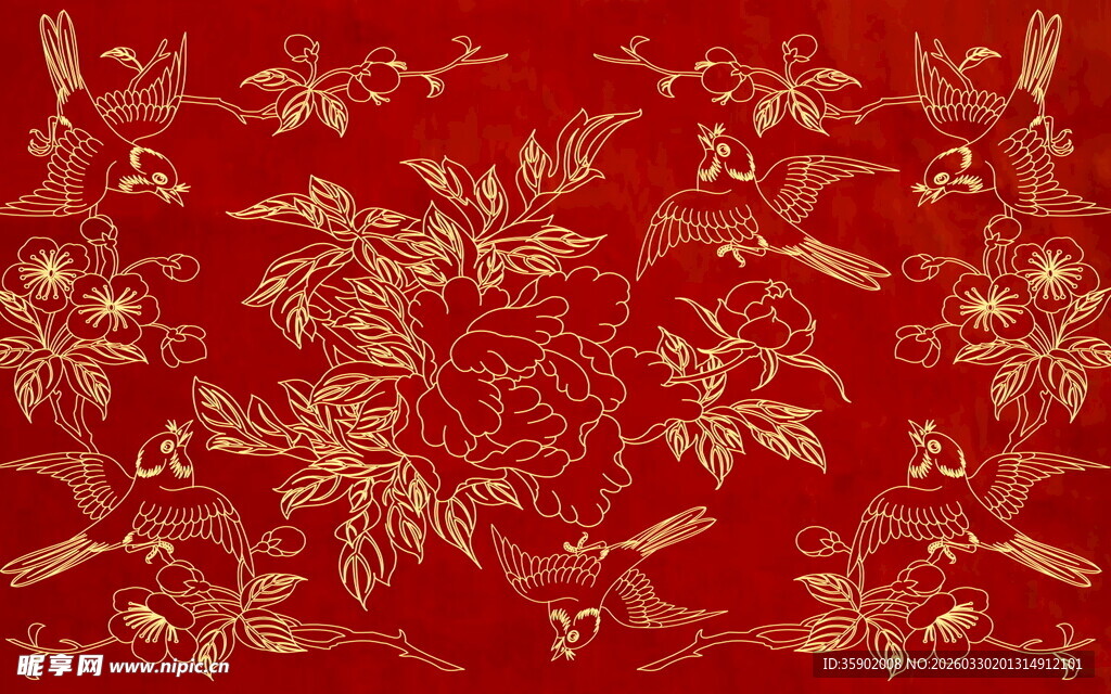 中式红色花卉刺绣图案