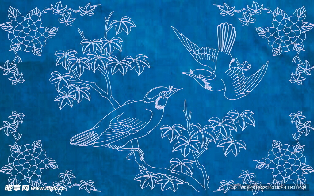 蓝色花鸟纹精美图案