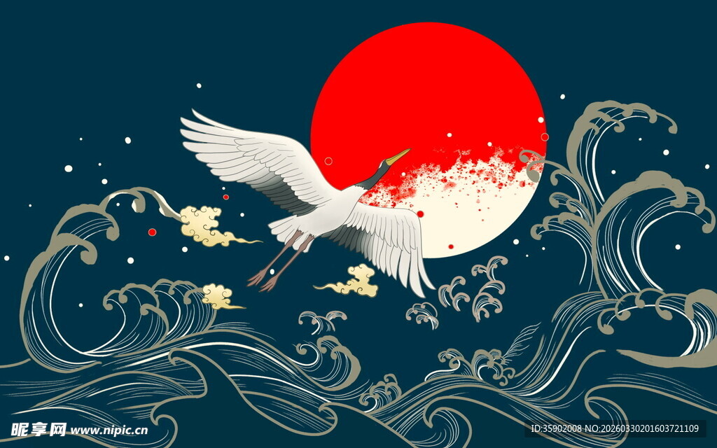 日式浮世绘风格飞鸟红日图