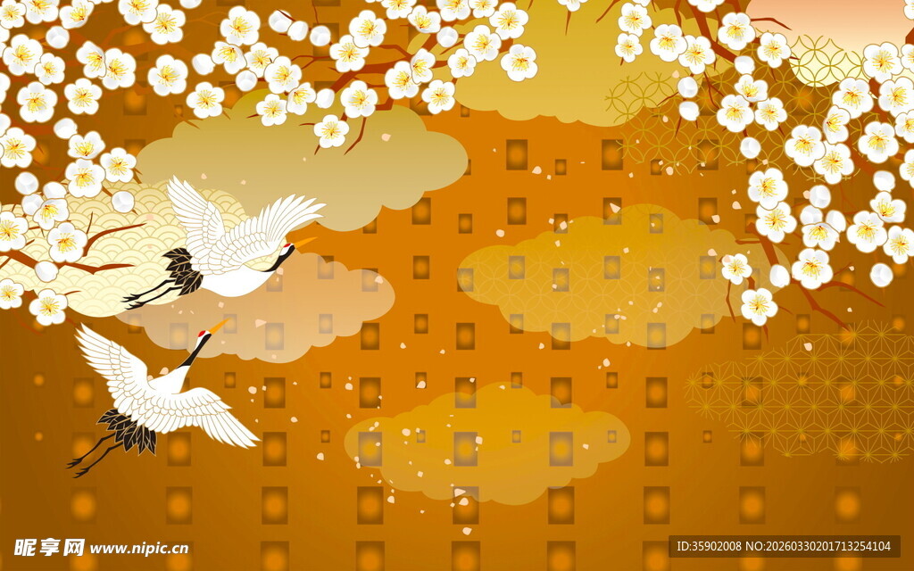 金底白鹤花卉中式图景