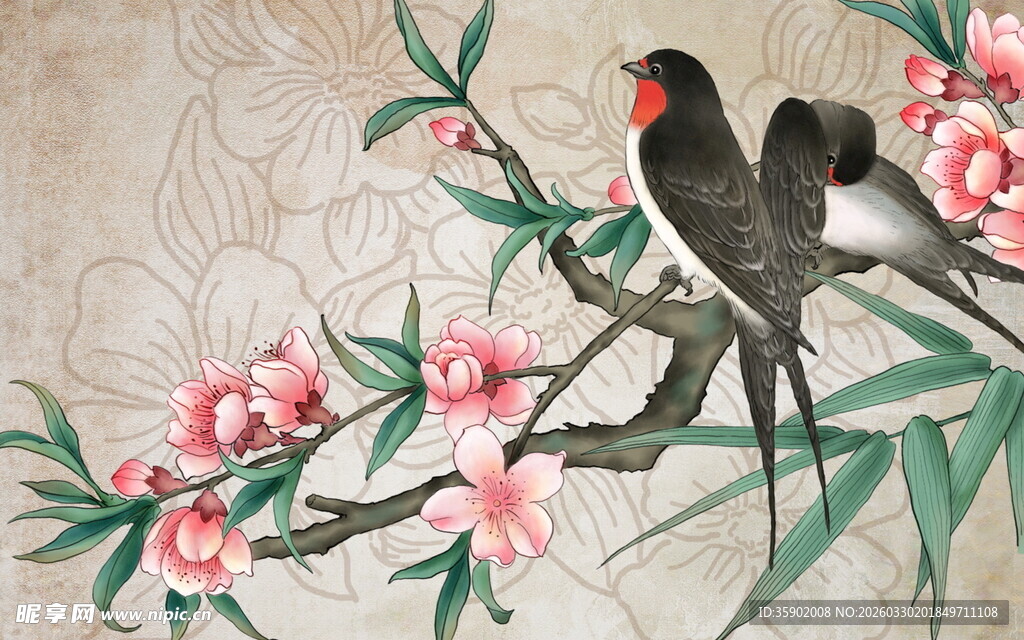桃花枝上双燕图