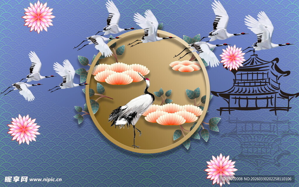 中式仙鹤荷花古风插画