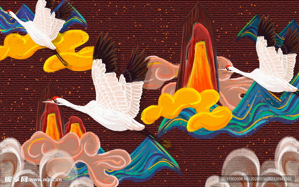 中式祥瑞仙鹤山水插画