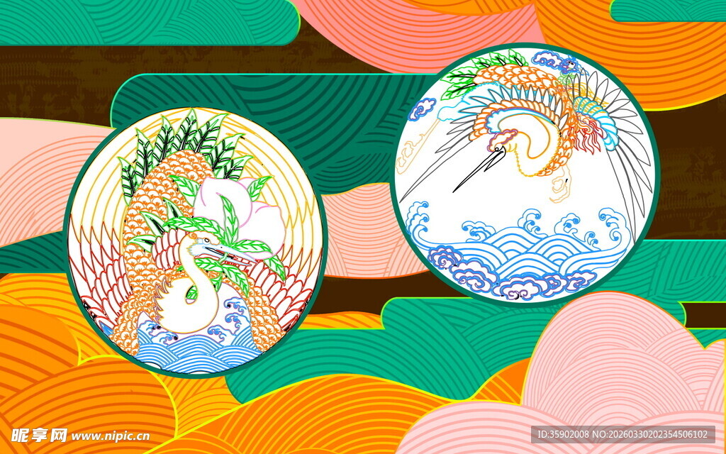 双圆形国风插画图案设计