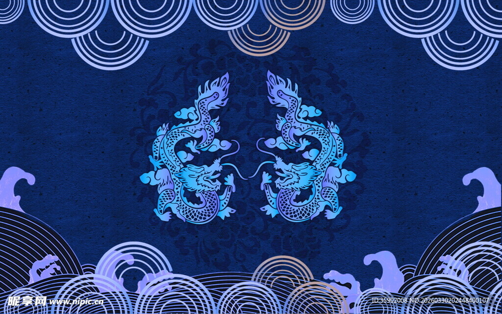 中式蓝调双凤祥瑞图案