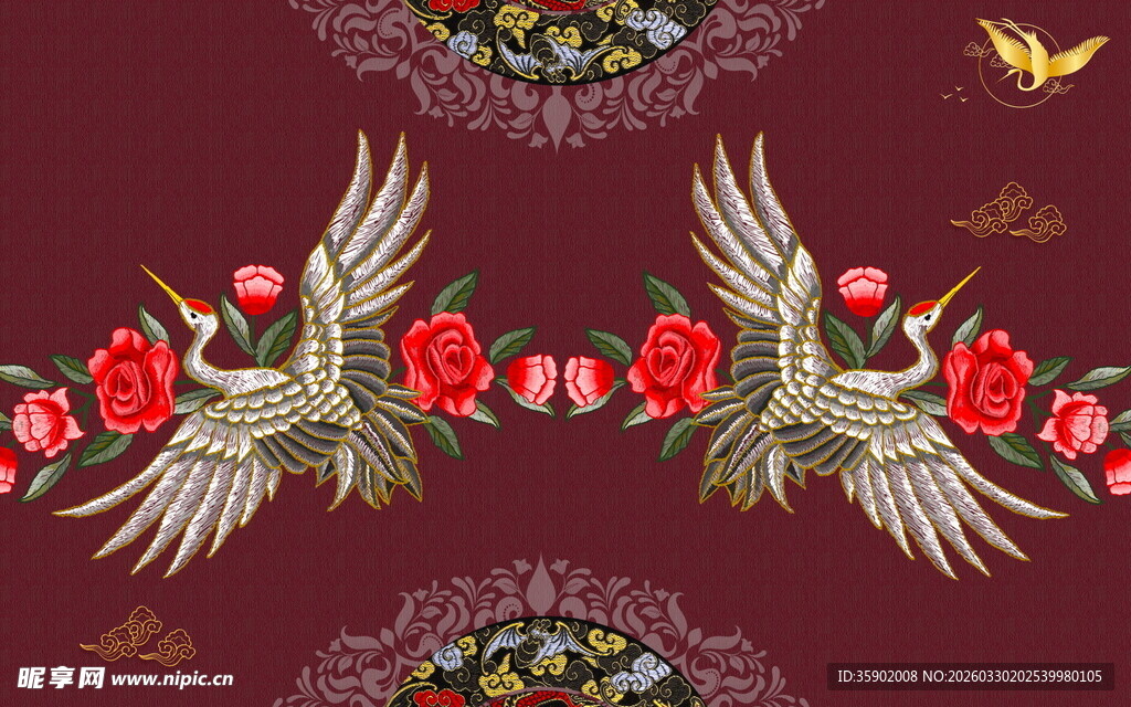 中式双鹤花卉刺绣图案