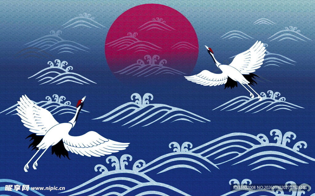 红日下双鹤翔于云海间