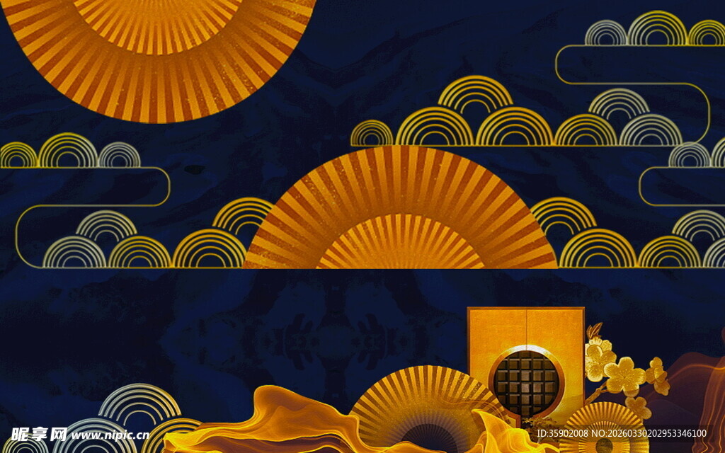 中式古风太阳祥云建筑图案