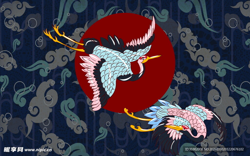 中式祥瑞双鹤云纹图案