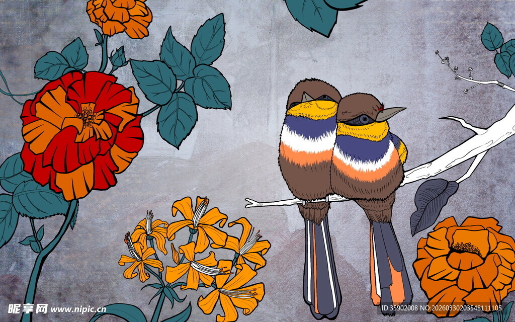 双鸟栖花图
