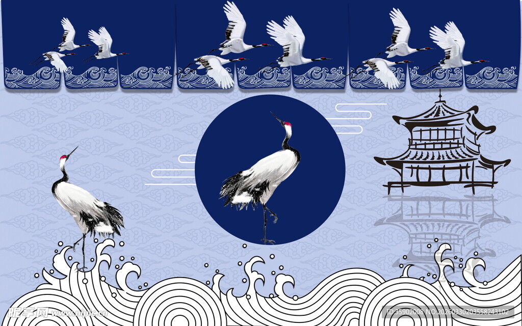 中式仙鹤图景古韵悠然