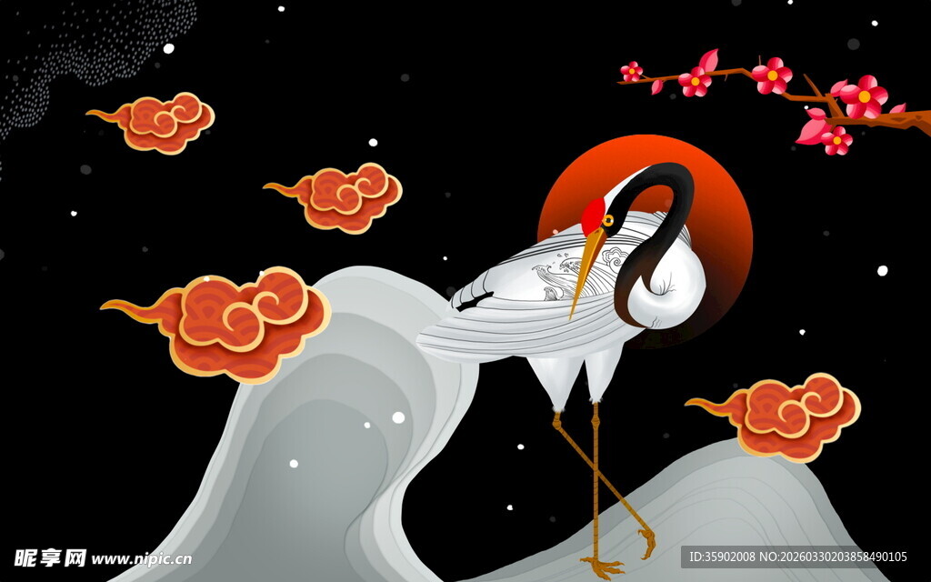 仙鹤踏云伴月图