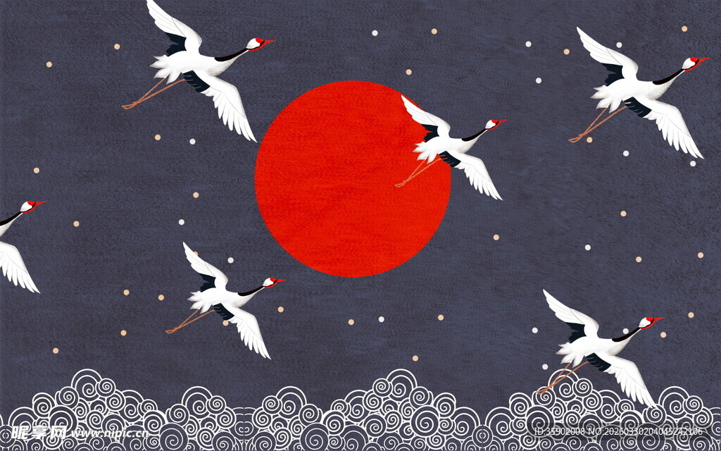 红日下群鹤飞舞图景