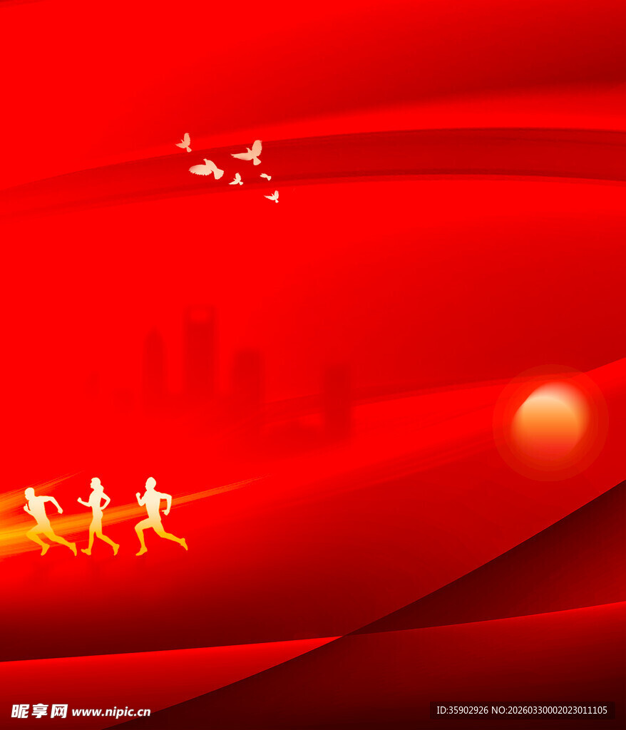 红色飘动背景飞鸟点缀