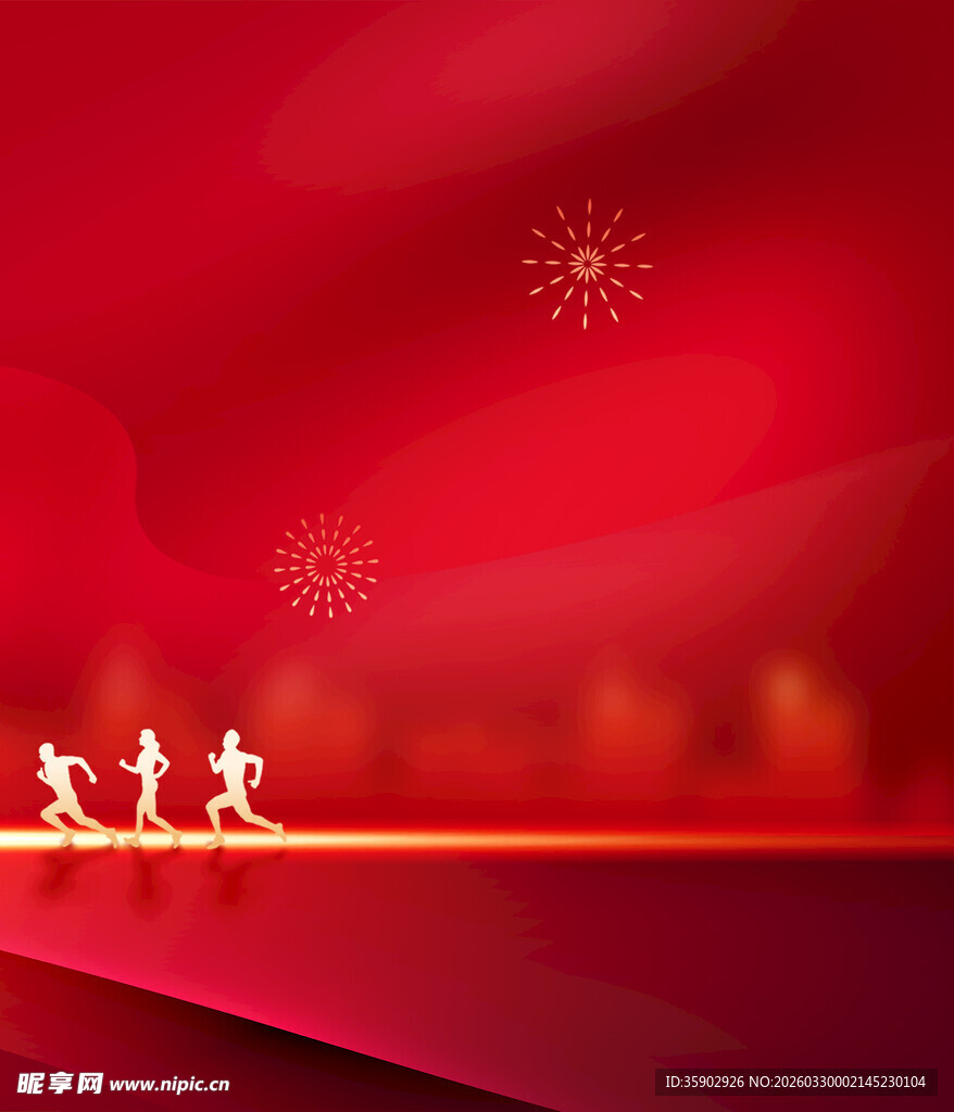 红色背景下的奔跑人物剪影