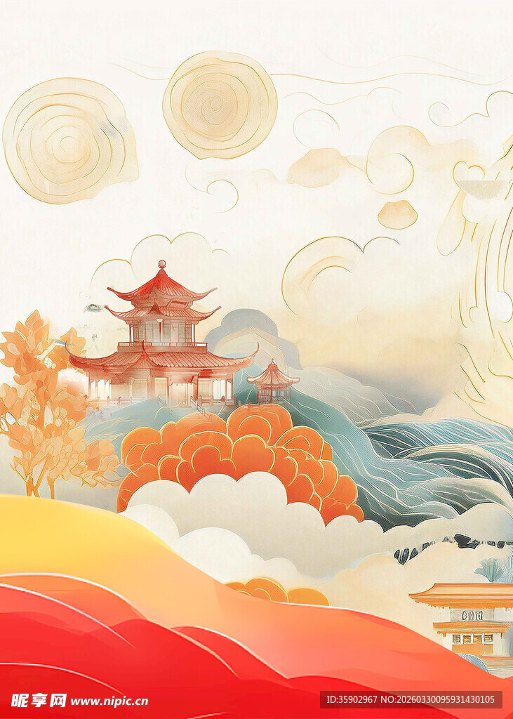 古风山水楼阁秋日美景图