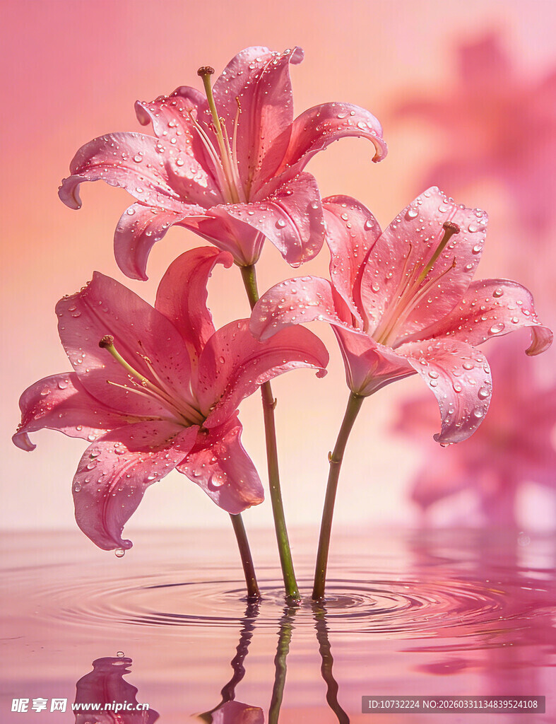粉色百合绽放于水面