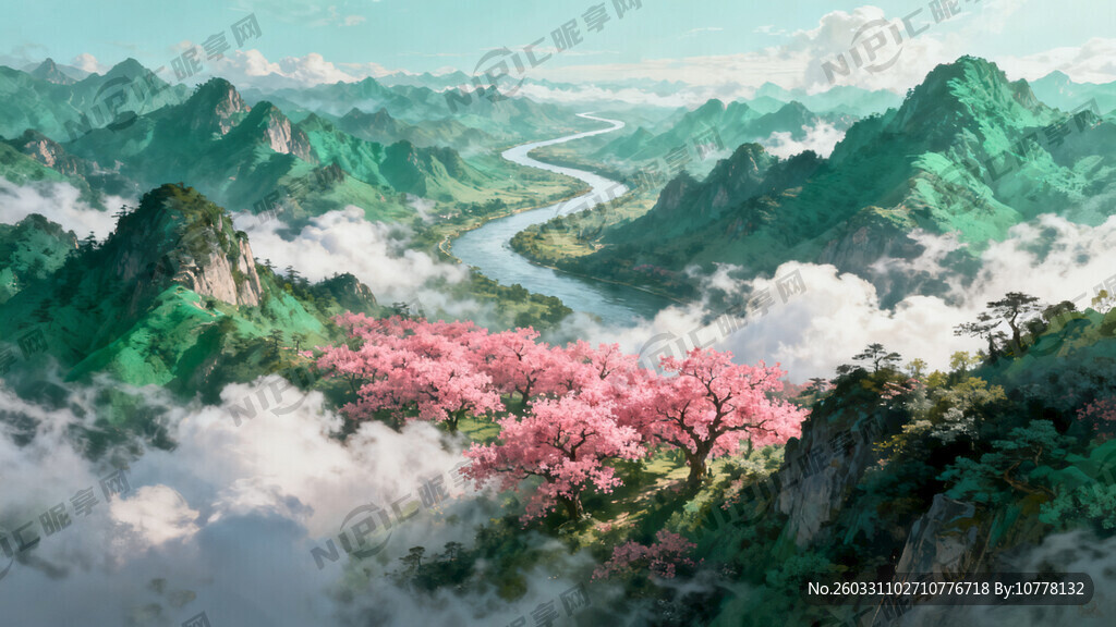 一个壮丽的山河图 云海环绕其间